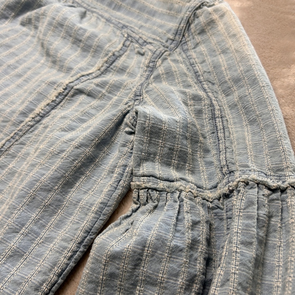 Free People Glacier Bay Printed Checked Distressed Blue Denim Tunic‎ Small Boho - Picture 8 of 11